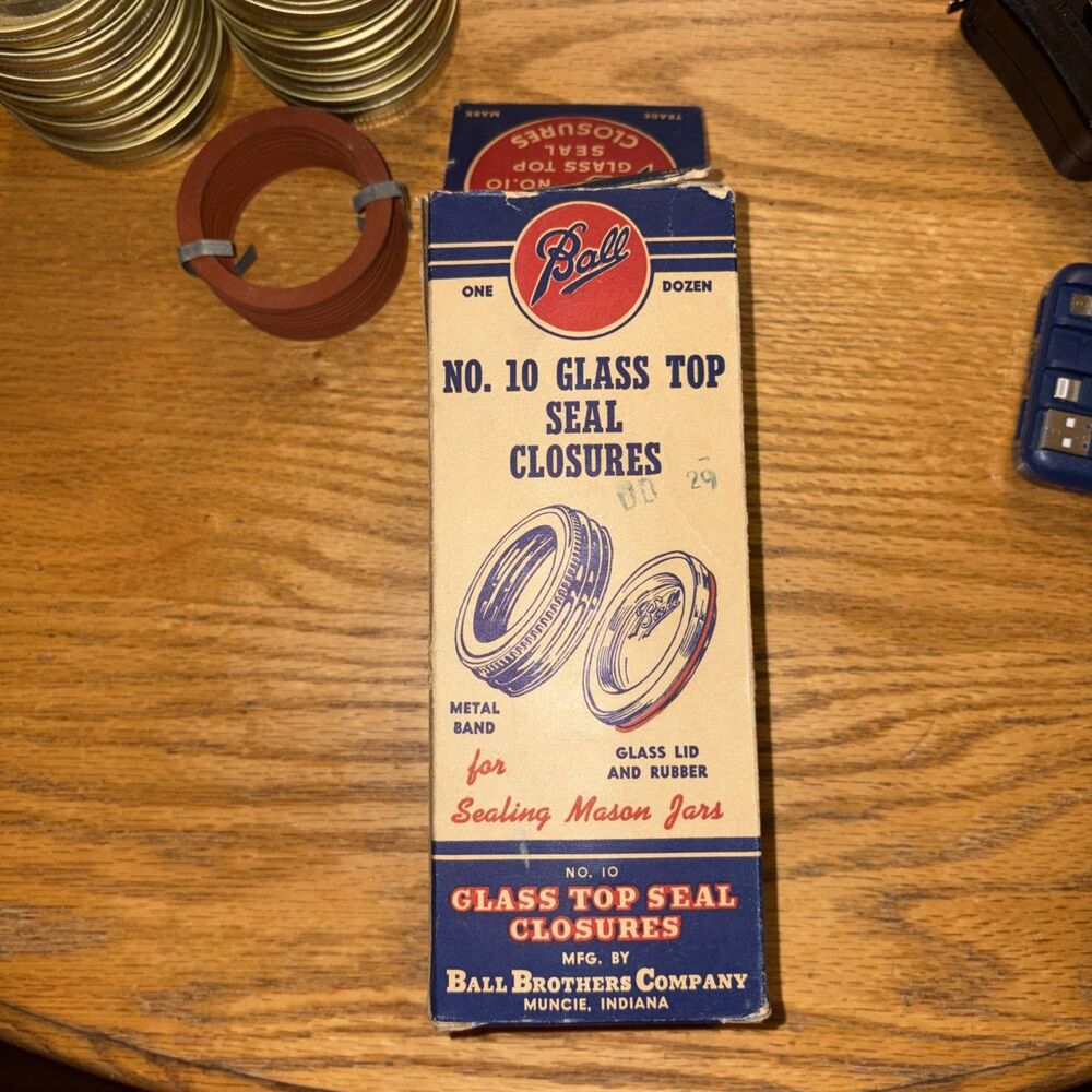 Vintage New Ball No. 10 Glass Top Seal Closures Lids Bands Box 1940s Craft Decor